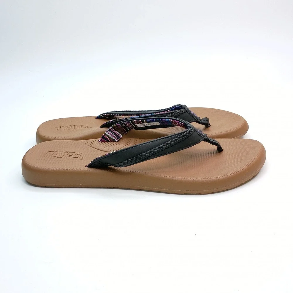 Flojos Fiesta Flip Flop Women Size 7 Black Tan Woven Strap Sandals